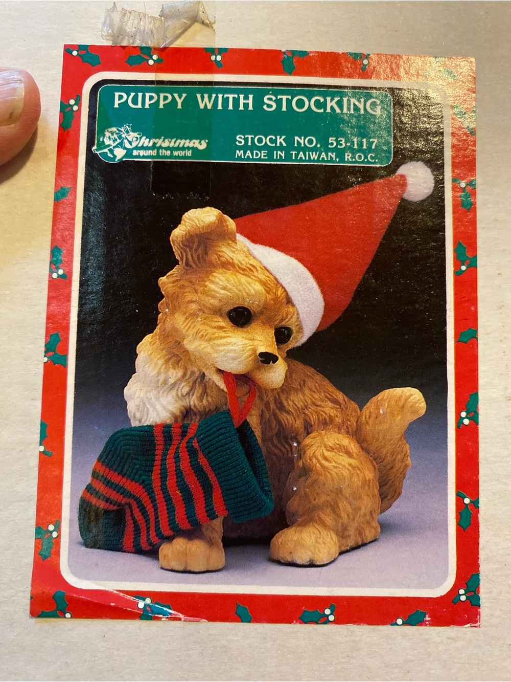 Puppy with Stocking Figurine - Red/Green VINTAGE